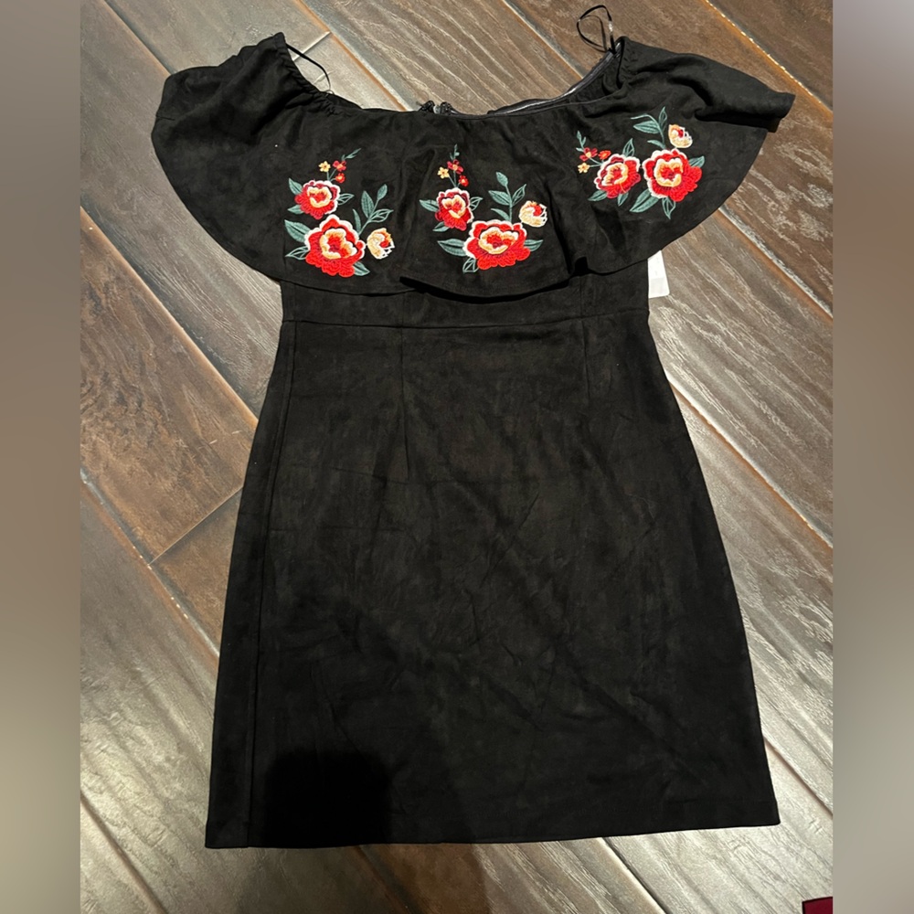 Off the shoulder suede mini dress with flower detail